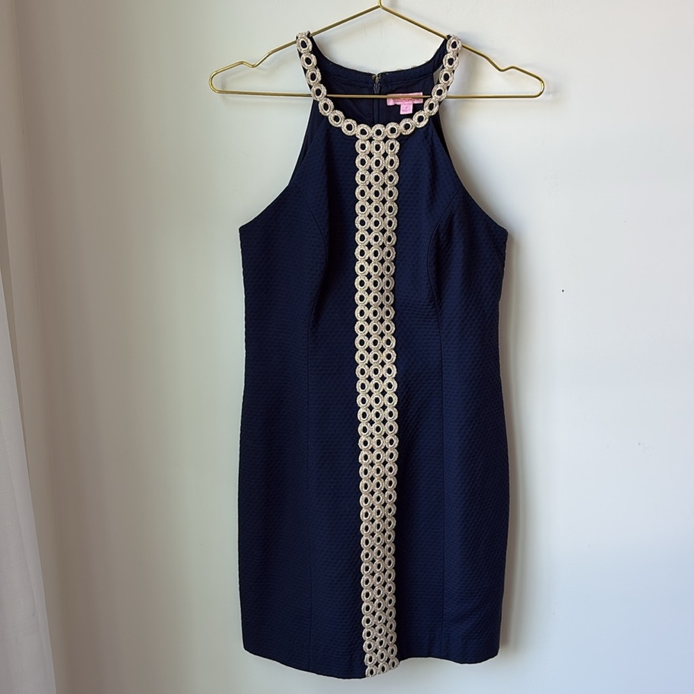 Lilly Pulitzer Sasha Shift Dress True Navy w/Gold Trim Zip Back Cocktail Size 2